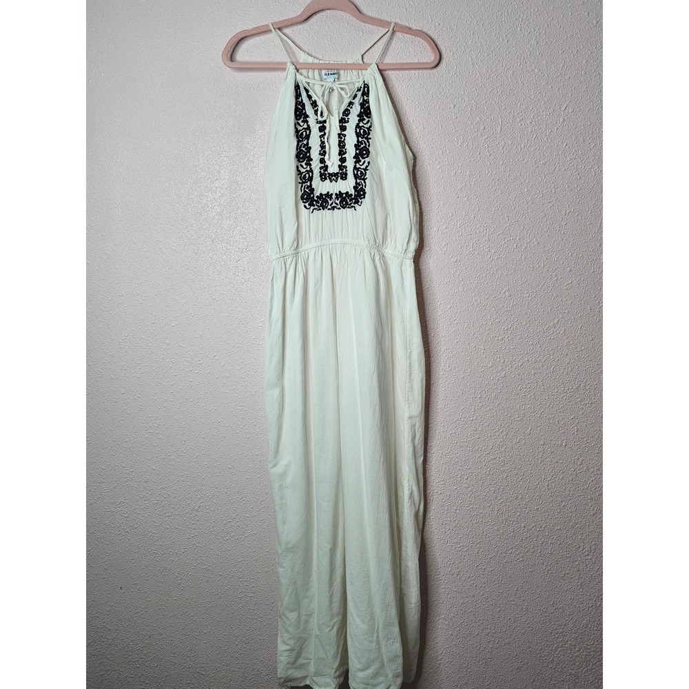 Old Navy Womens White Black Embroidered Cotton Gauze Halter Maxi Dress Tall M